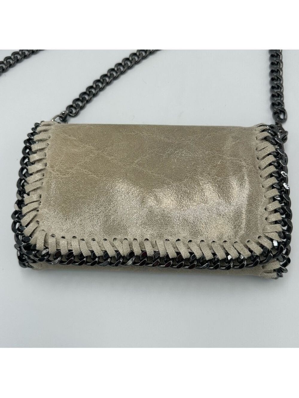 Leather Chain Crossbody Bag Metallic Taupe Gunmetal Hardware Small Fits Phone - Picture 8 of 12